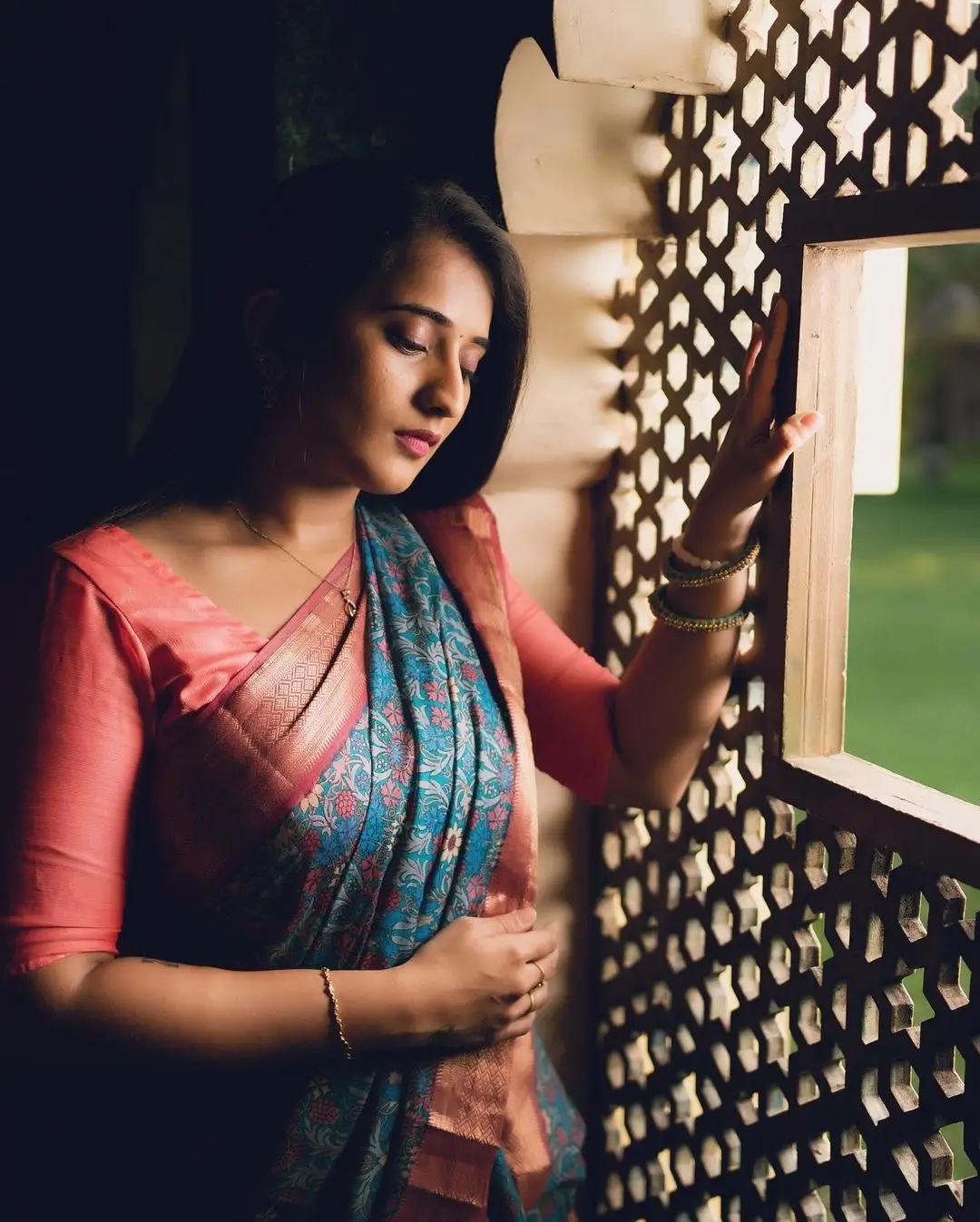 South Indian Actress Viraajita in Traditional Blue Saree Red Blouse